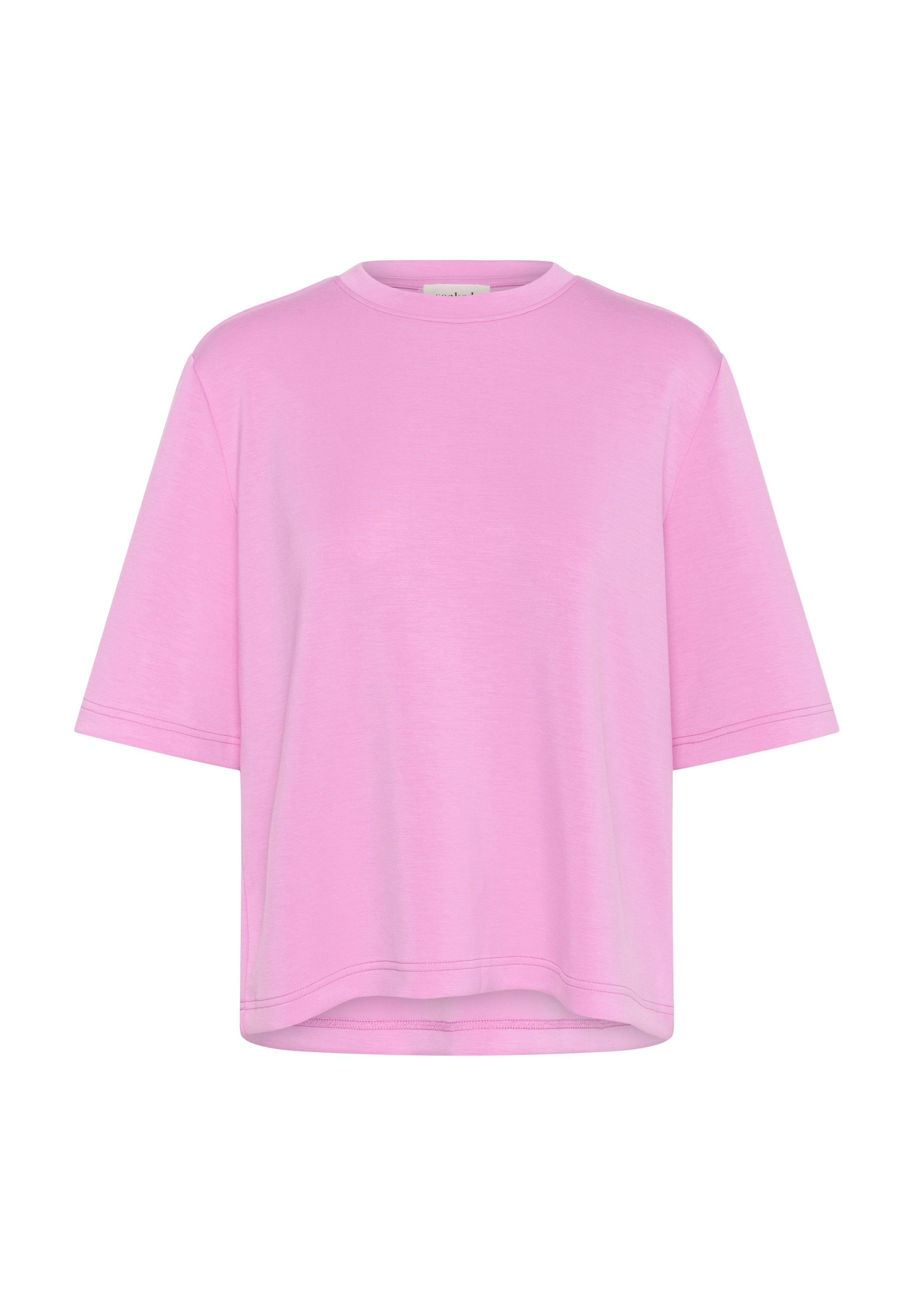 Rosa T-Shirt mit kurzen Ärmeln in lässiger Passform, aus weichem Stoff gefertigt, mit Rundhalsausschnitt und geradem Saum. Minimale Nähdetails.