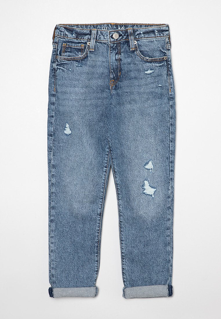 Hellblaue Denim-Jeans mit hohem Bund, die mit distressed Akzenten, zwei Fronttaschen und umgeschlagenen Säumen an den Knöcheln versehen sind.
