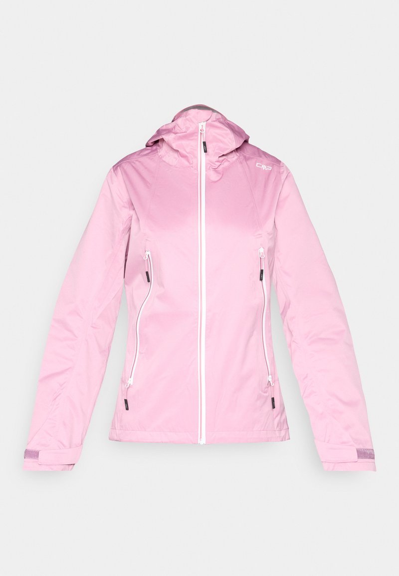 Hellrosa Softshelljacke mit Kapuze, weißem Frontreißverschluss und zwei seitlichen Reißverschlusstaschen, verstellbaren Handgelenksbändern und kleinem Logo auf der Brust.