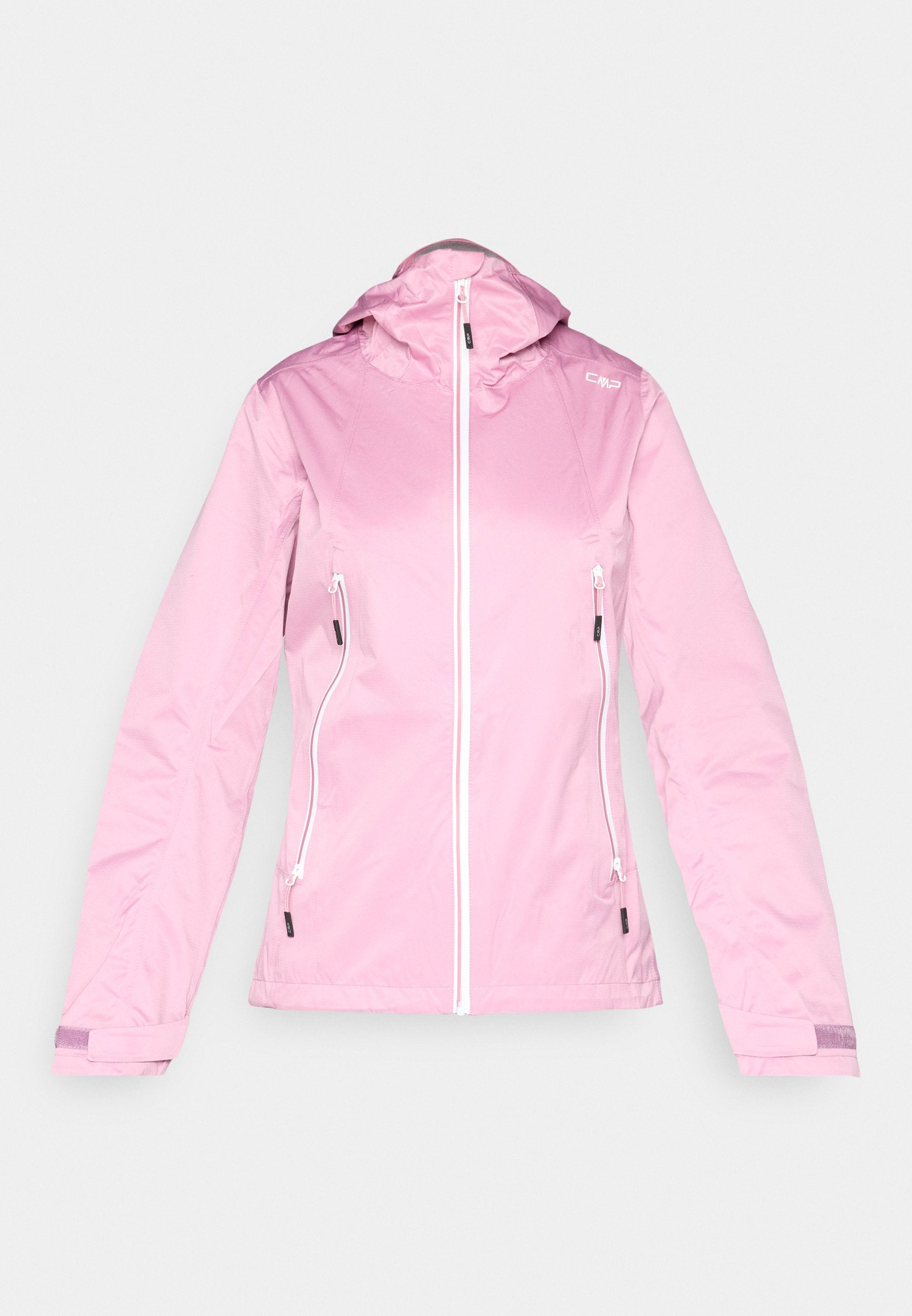 Hellrosa Softshelljacke mit Kapuze, weißem Frontreißverschluss und zwei seitlichen Reißverschlusstaschen, verstellbaren Handgelenksbändern und kleinem Logo auf der Brust.