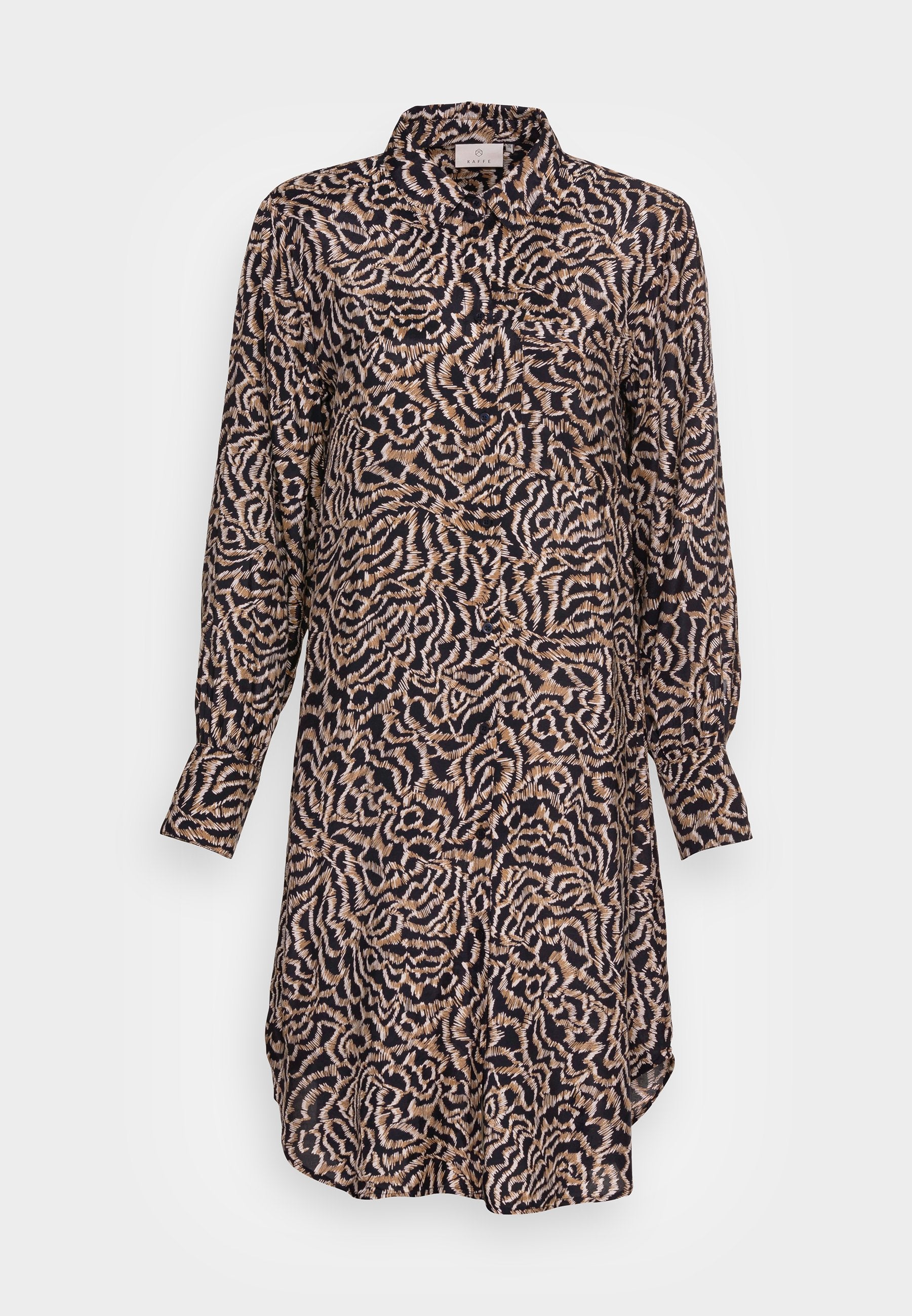 Langärmliges Kleid aus leichtem Stoff mit navyblauem Grund und kontrastierendem cremefarbenem und beigefarbenem abstraktem Muster; Knopfkragen und -manschetten.