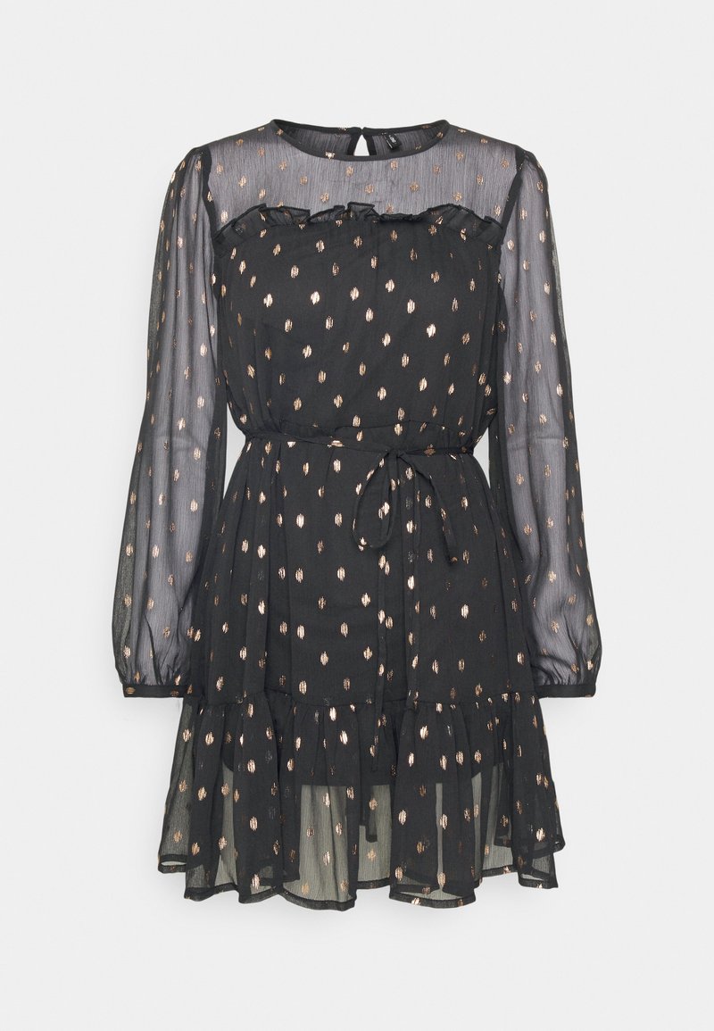 Schwarzes Kleid mit langen, transparenten Ärmeln, strukturiertem Stoff, goldenen Punkten, Rüschenausschnitt und einer Taillenschnürung. Stufenrock.