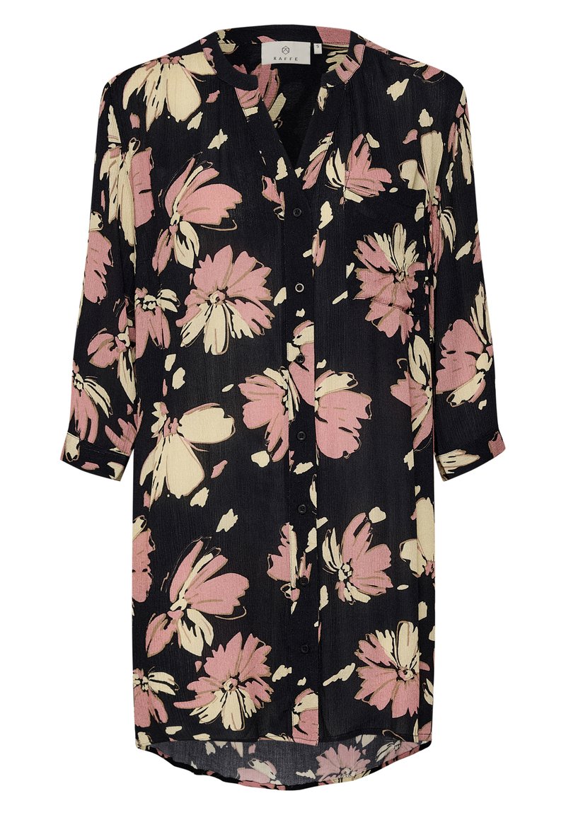 Schwarz-blusiges Bluse mit rosa und cremefarbenen Blumen, langen Ärmeln, Knopfleiste und geschwungenem Saum. Hergestellt aus leichtem, strukturiertem Stoff.