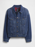Dunkelblaue Jeansjacke mit Kragen, Knopfverschluss, zwei Brusttaschen und langen Ärmeln. Das Innenfutter ist rot.