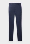 Marineblaue Hose mit dezentem Karomuster, aus einem glatten Stoff mit tailliertem Schnitt und geraden Beinen, ohne sichtbare Beschläge.