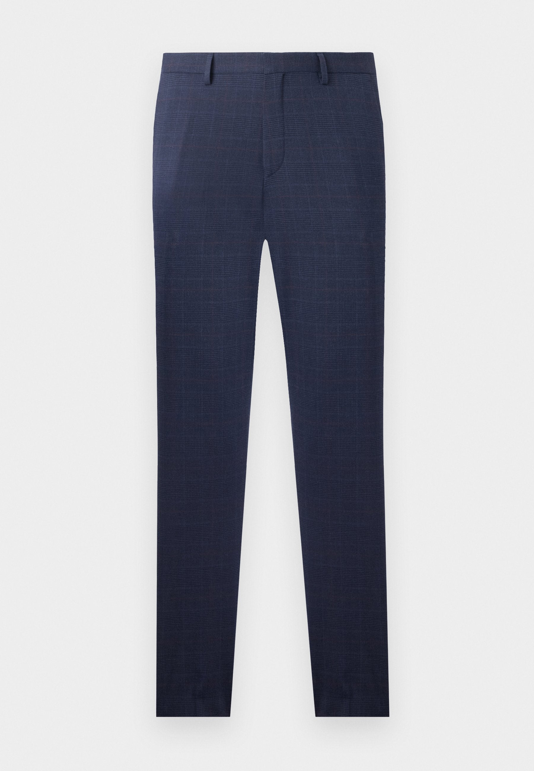 Marineblaue Hose mit dezentem Karomuster, aus einem glatten Stoff mit tailliertem Schnitt und geraden Beinen, ohne sichtbare Beschläge.
