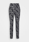 Schwarze Hose mit einem hellgrauen Blättermuster, angepasstes Design und glatte Stofftextur. Normale Taille ohne sichtbare Verschlüsse.