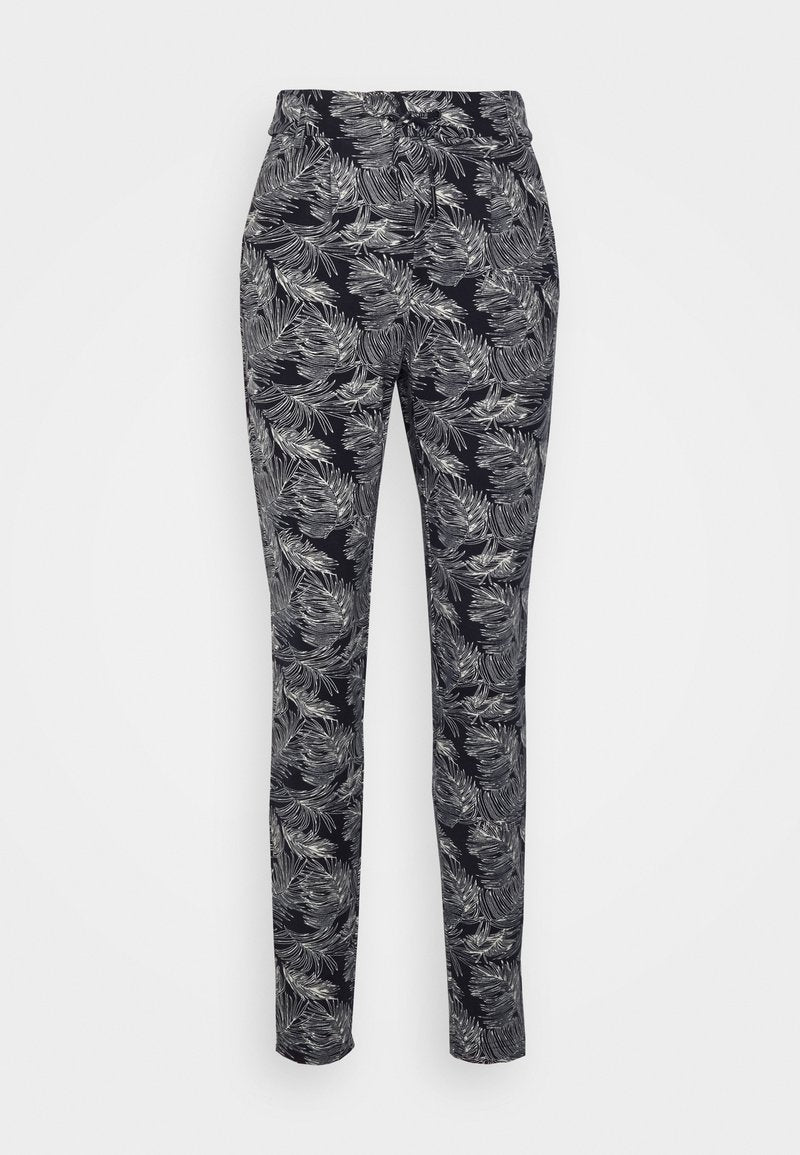 Schwarze Hose mit einem hellgrauen Blättermuster, angepasstes Design und glatte Stofftextur. Normale Taille ohne sichtbare Verschlüsse.