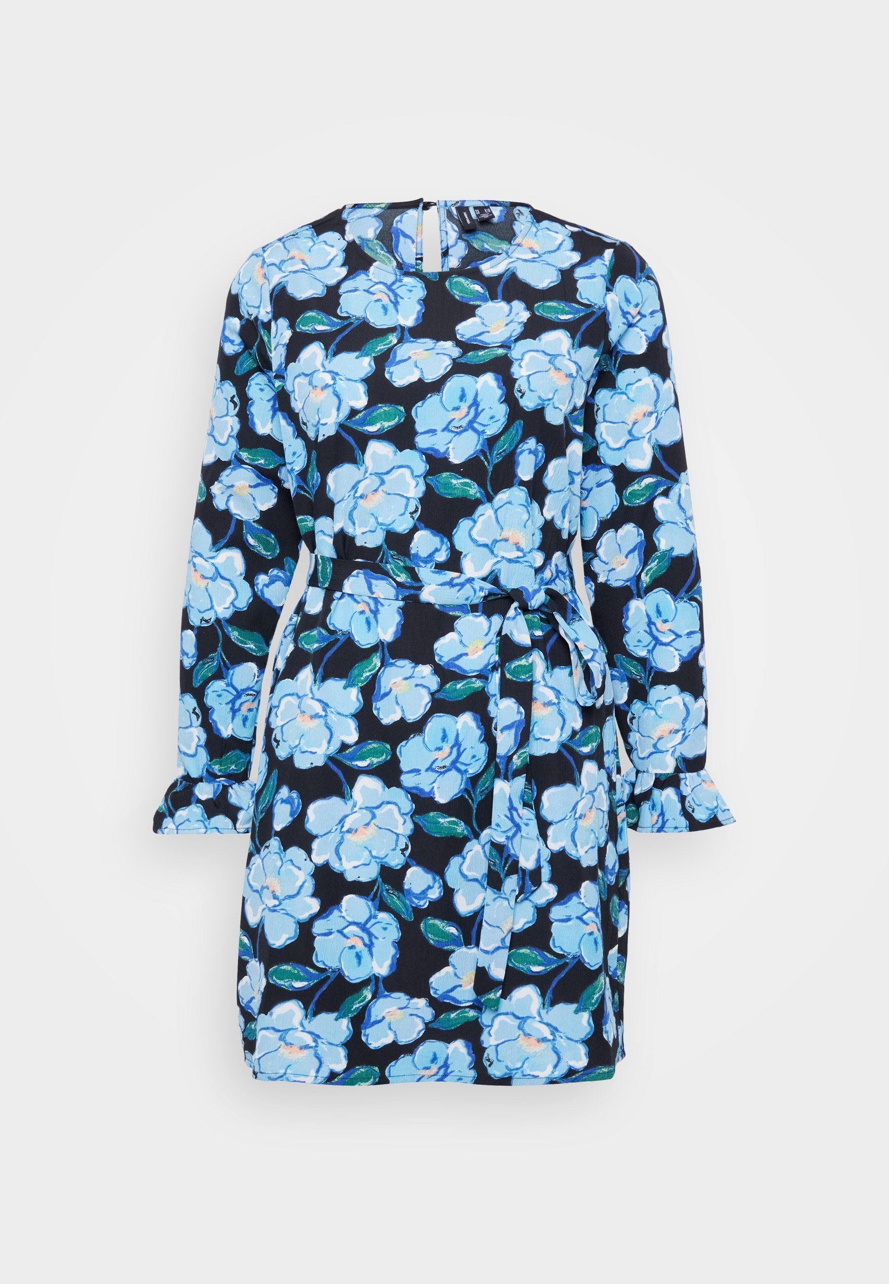 Blumenkleid mit navyblauem Hintergrund, blauen und weißen Blumen, langen Ärmeln, einer Taillierung mit Bindegürtel und rüscheförmigen Ärmeldetails.