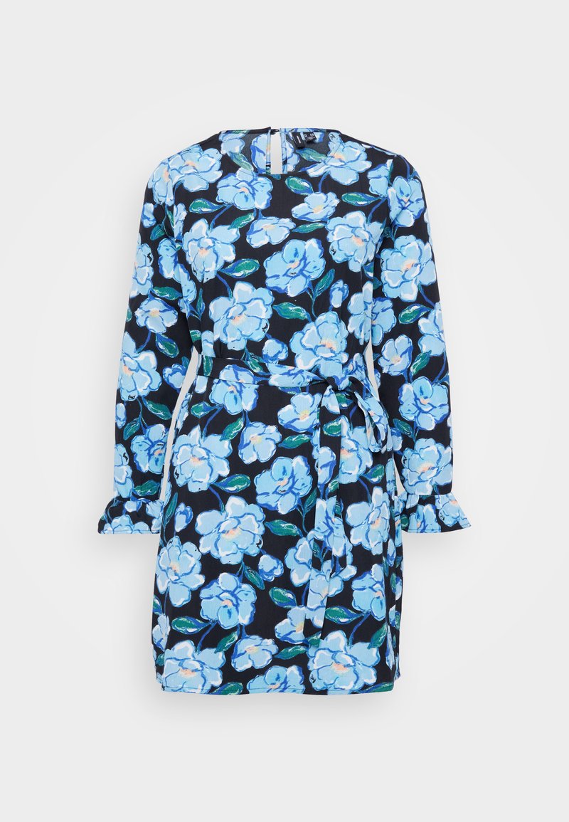 Blumenkleid mit navyblauem Hintergrund, blauen und weißen Blumen, langen Ärmeln, einer Taillierung mit Bindegürtel und rüscheförmigen Ärmeldetails.