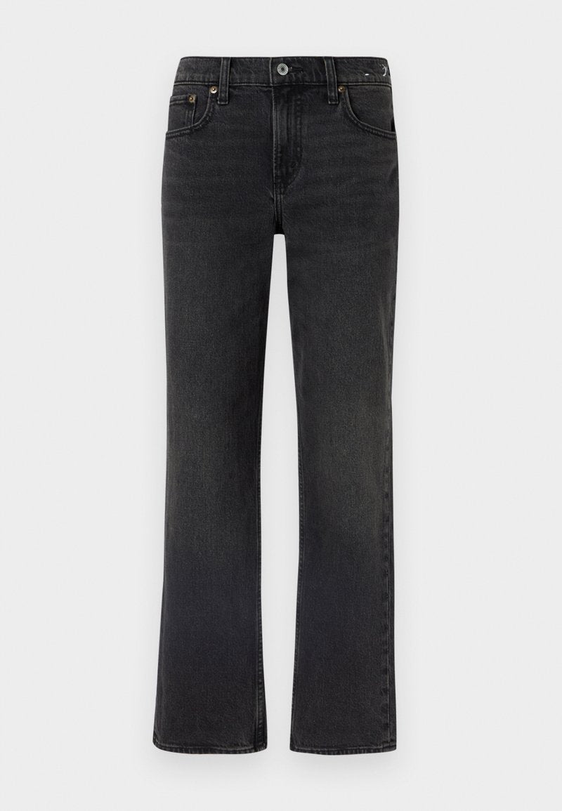 Schwarze Denim-Jeans mit geradem Bein, fünf Taschen und sichtbaren Nähten. Der Stoff hat eine weiche Textur und ein verblasstes Finish.