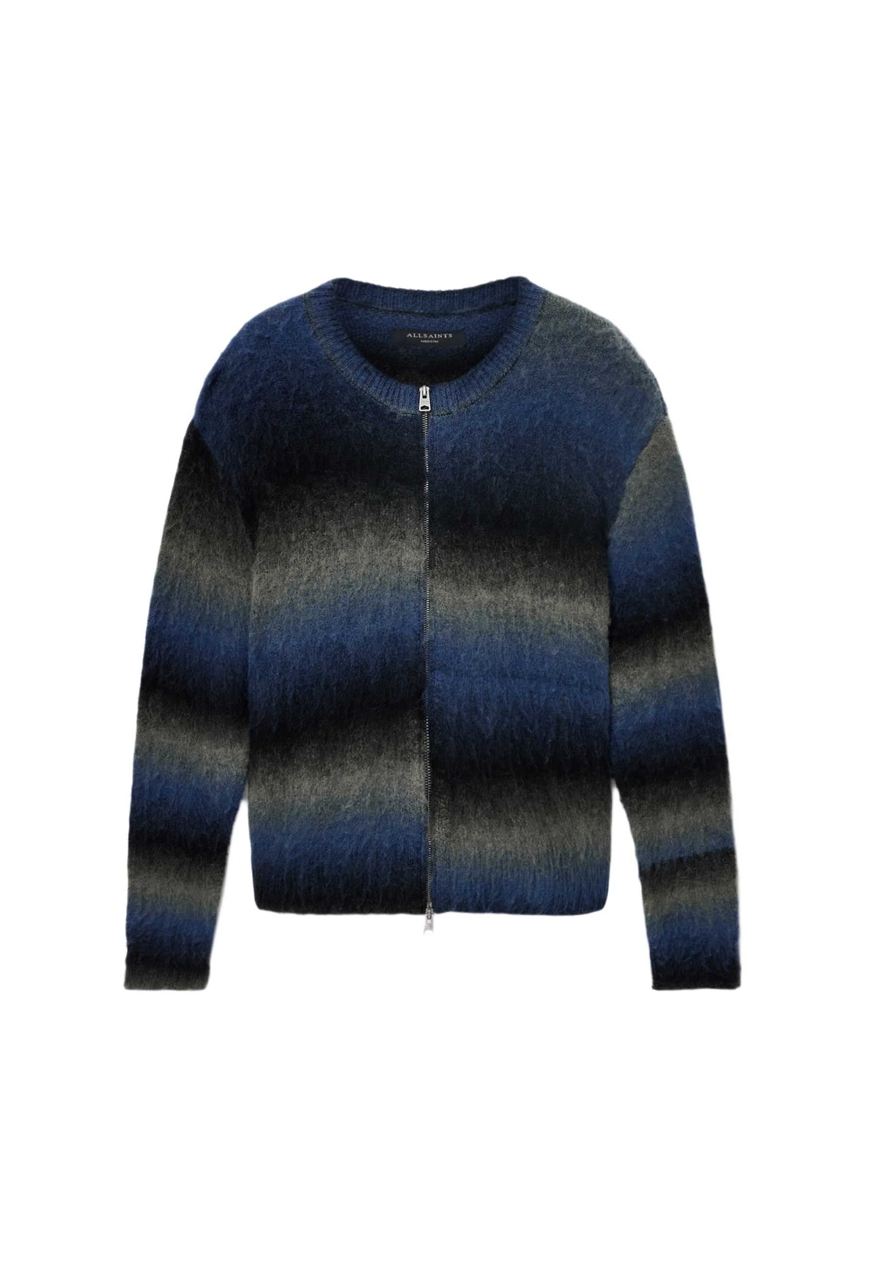 Flauschige Strickjacke mit Reißverschluss, in verschiedenen Blau- und Grautönen mit horizontalen Streifen, runder Halslinie und langen Ärmeln.