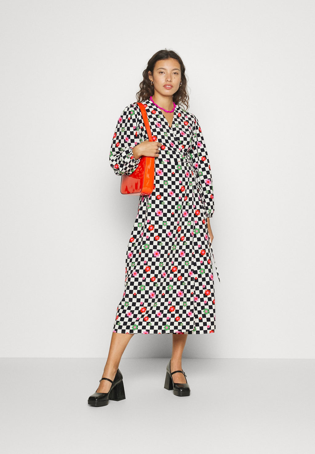 Glamorous WRAP MIDI DRESS LONG SLEEVES V NECK TIE DETAIL