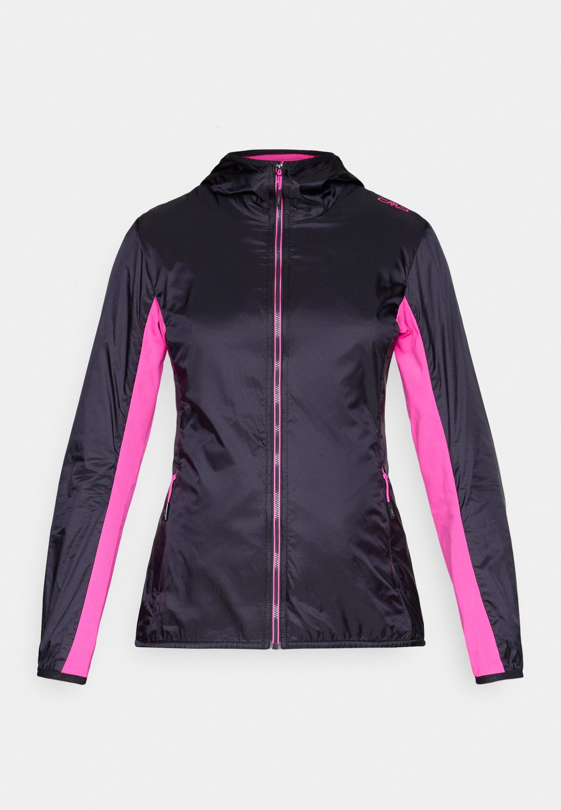 Schwarze leichte Kapuzenjacke mit durchgehendem Frontreißverschluss und leuchtend pinken Einsätzen entlang der Ärmel und im Reißverschlussbereich.