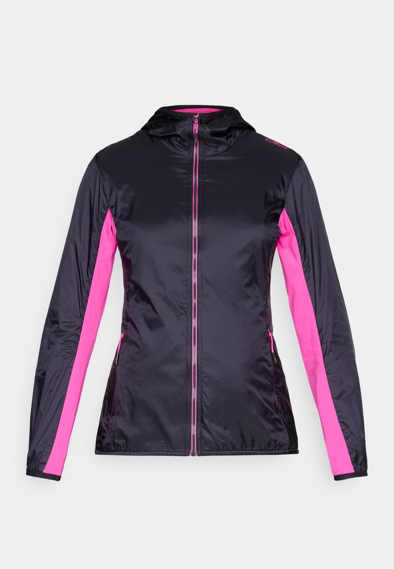 Schwarze leichte Kapuzenjacke mit durchgehendem Frontreißverschluss und leuchtend pinken Einsätzen entlang der Ärmel und im Reißverschlussbereich.