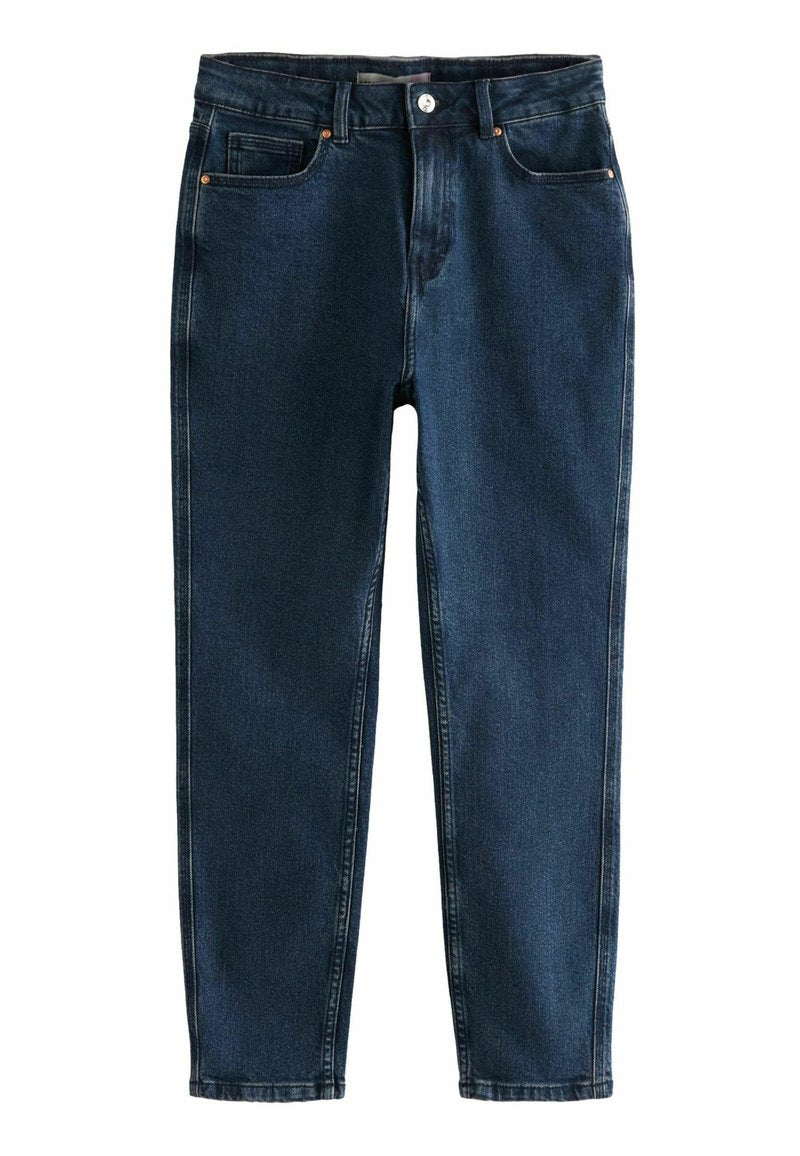 Dunkelblaue Jeans aus Denim mit einer taillierten Passform. Verfügt über fünf Taschen, Kupferriegel und dezente Auswaschungen an der Vorderseite. Gerader Beinansatz.