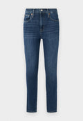 Dunkelblaue Denim-Jeans im Slim-Fit mit einem Fünf-Taschen-Design, kupfernen Knopfakzenten und leichter Ausbleichung auf der Vorderseite. Sauberer Saum und normaler Bund.