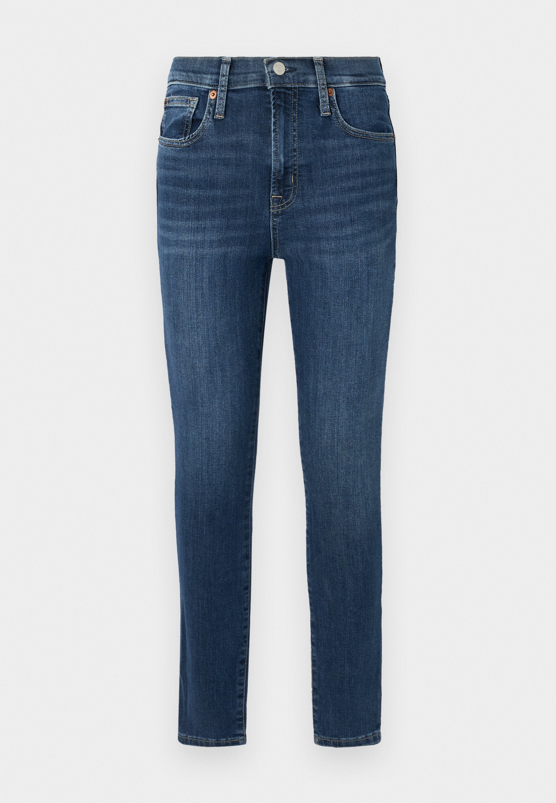 Dunkelblaue Denim-Jeans im Slim-Fit mit einem Fünf-Taschen-Design, kupfernen Knopfakzenten und leichter Ausbleichung auf der Vorderseite. Sauberer Saum und normaler Bund.