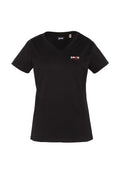 Schwarzes Damen-T-Shirt mit V-Ausschnitt und kurzen Ärmeln, mit kleinem weiß-rotem "Schott N.Y.C"-Logo auf der linken Brust.