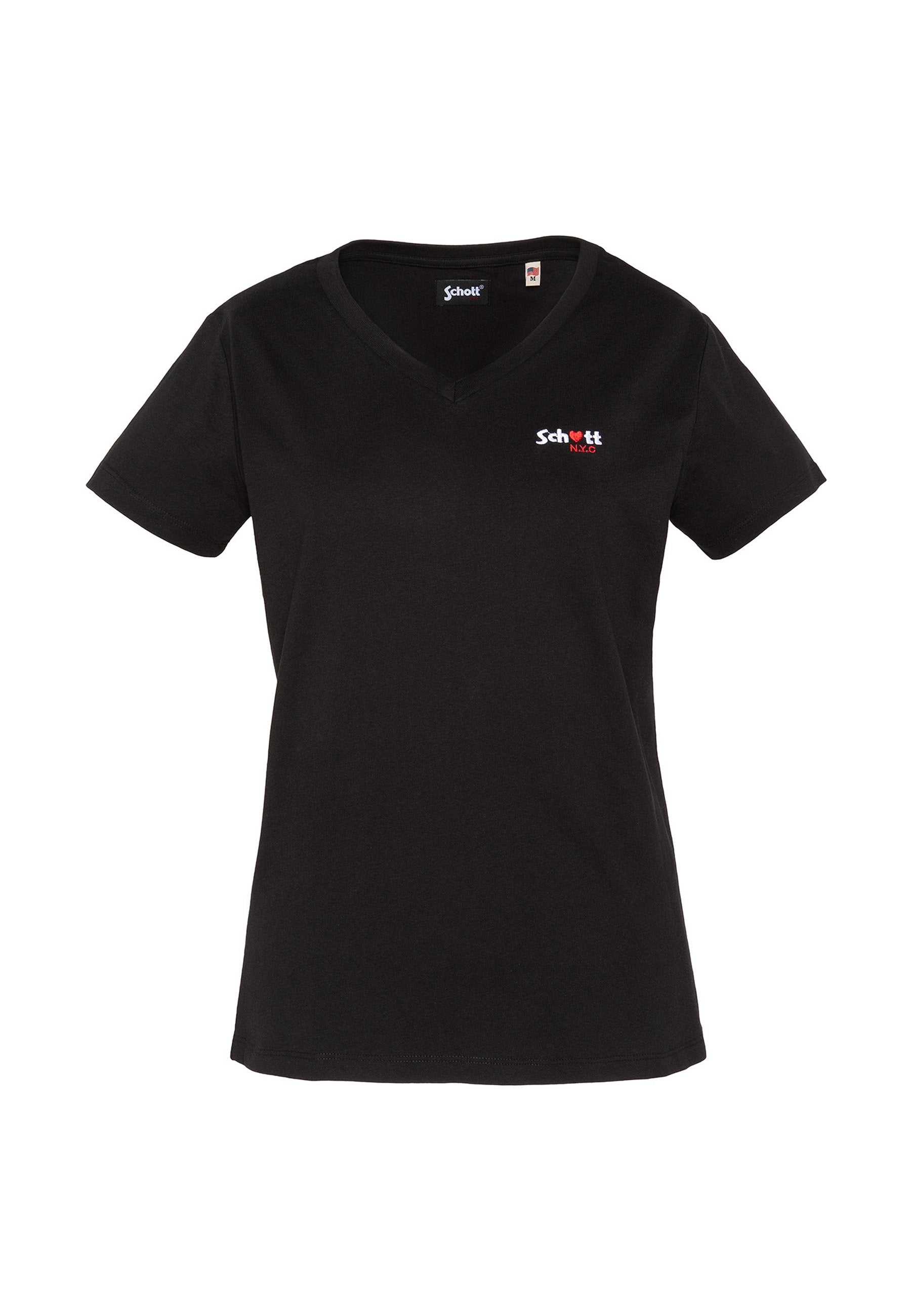 Schwarzes Damen-T-Shirt mit V-Ausschnitt und kurzen Ärmeln, mit kleinem weiß-rotem "Schott N.Y.C"-Logo auf der linken Brust.