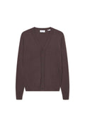 Brauner Cardigan mit V-Ausschnitt, langen Ärmeln und Knopfleiste. Aus weichem Material gefertigt, mit gerippten Bündchen und Saum.