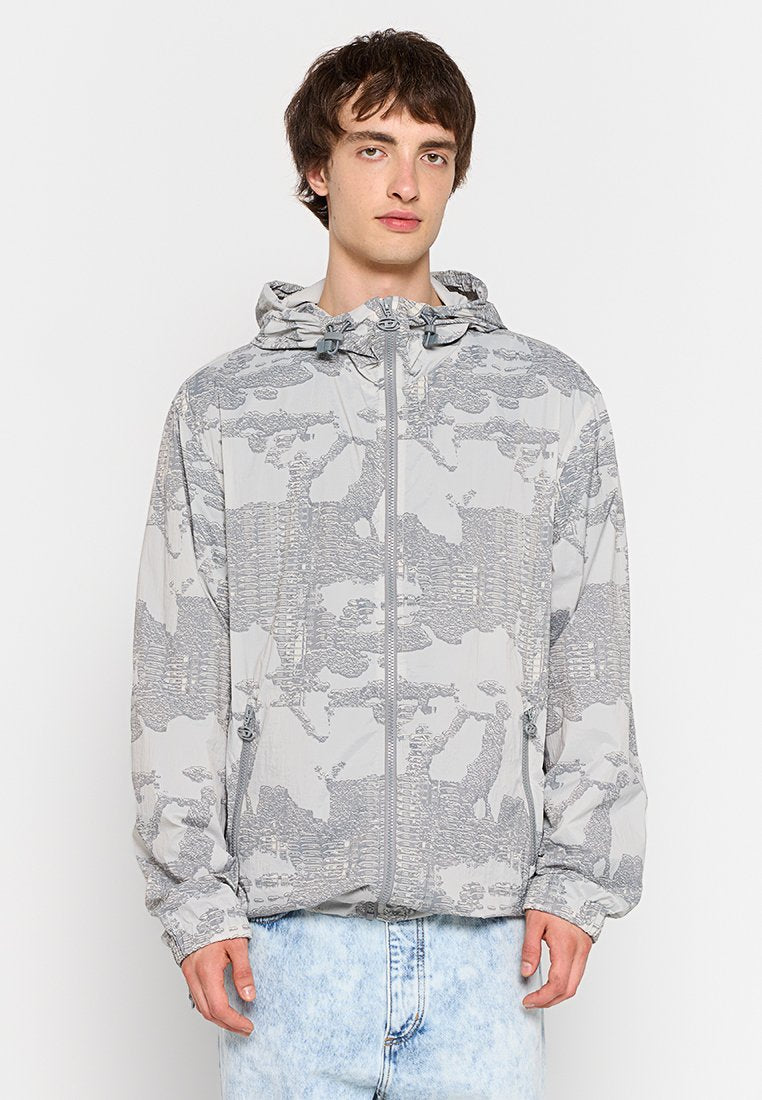 Leichte, grau zip-up Jacke mit einem strukturierten, abstrakten Muster. Mit Kapuze, elastischen Bündchen und zwei Seitentaschen.
