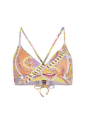 Mehrfarbiger Bikini-Oberteil in triangulärer Form, mit einem lebhaften geometrischen Muster in Pink, Gelb und Lavendel. Verstellbarer Knotenverschluss an der Unterseite.