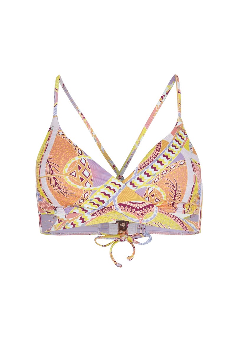 Mehrfarbiger Bikini-Oberteil in triangulärer Form, mit einem lebhaften geometrischen Muster in Pink, Gelb und Lavendel. Verstellbarer Knotenverschluss an der Unterseite.