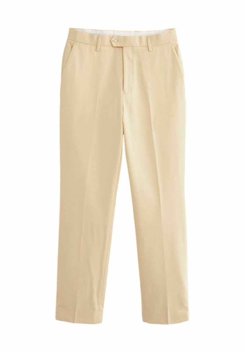 Beige schmal geschnittene Hose mit Knopfverschluss, flachem vorne, seitlichen Taschen, geradem Beinansatz und einer glatten, leichten Stoffstruktur.