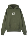 Olivgrüner Kapuzenpullover mit Kängurutasche und weißem, zentriertem "PEGADOR pgdr" Logo auf der Brust.