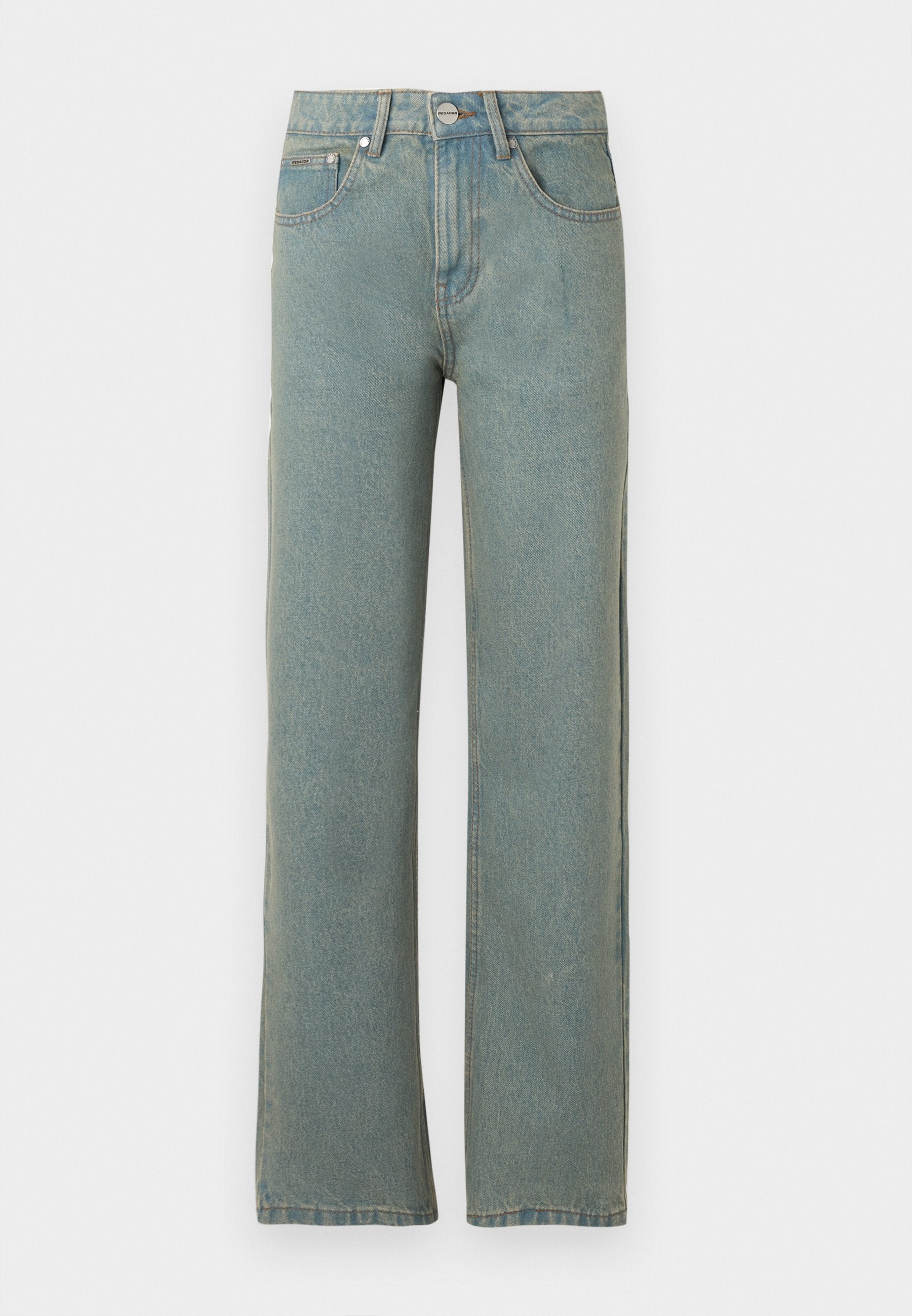 Helleblaue gerade geschnittene Jeans aus Denim mit fünf Taschen, einem Knopf- und Reißverschluss und sanften Ausbleichungen im Stoff.