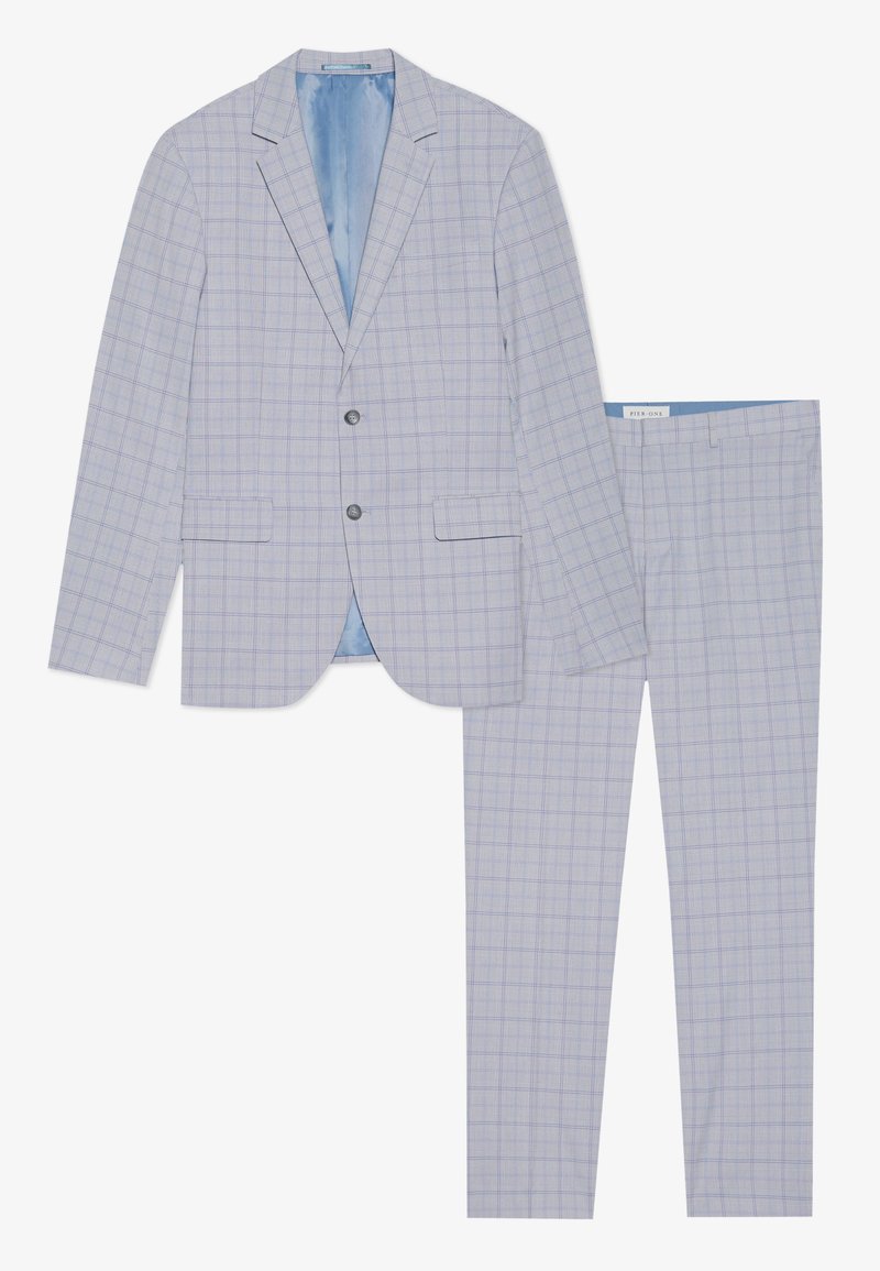 Hellblaues Anzugset mit einem karierten Muster, bestehend aus einem Sakko mit Reverskragen und passenden Hosen. Enthält zwei Seitentaschen und zwei Knöpfe.
