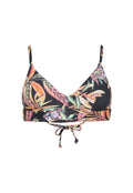 Blumiges Bikini-Oberteil mit verstellbaren Trägern, das eine Mischung lebendiger Farben auf einem schwarzen Hintergrund und ein Knoten-Detail an der Basis aufweist.