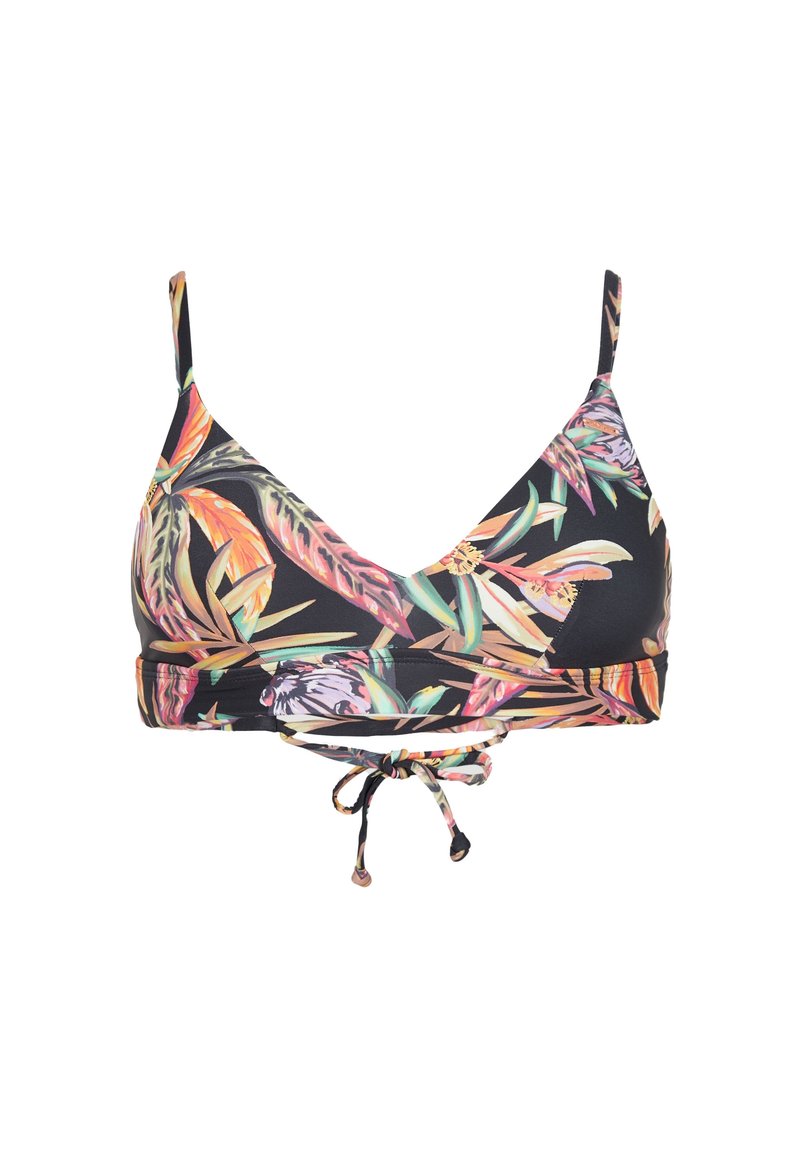 Blumiges Bikini-Oberteil mit verstellbaren Trägern, das eine Mischung lebendiger Farben auf einem schwarzen Hintergrund und ein Knoten-Detail an der Basis aufweist.