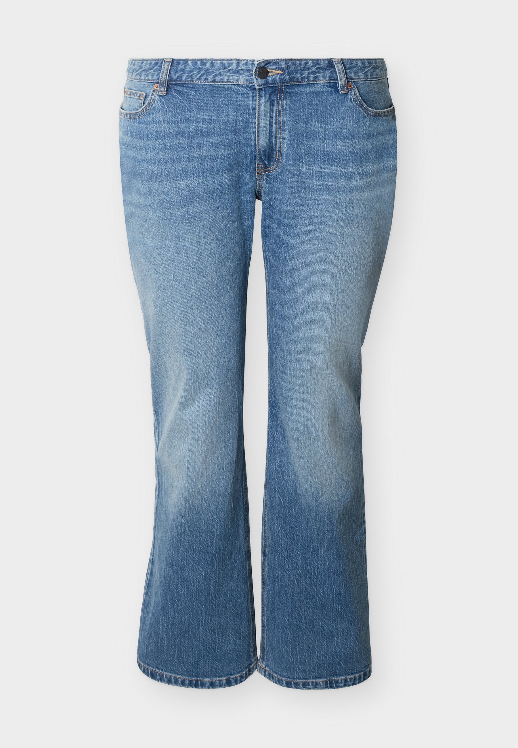 Hellblaue Jeans aus Denim mit hohem Bund, leicht ausgestellten Beinen, vorderer Knopfleiste und Fünf-Taschen-Design.
