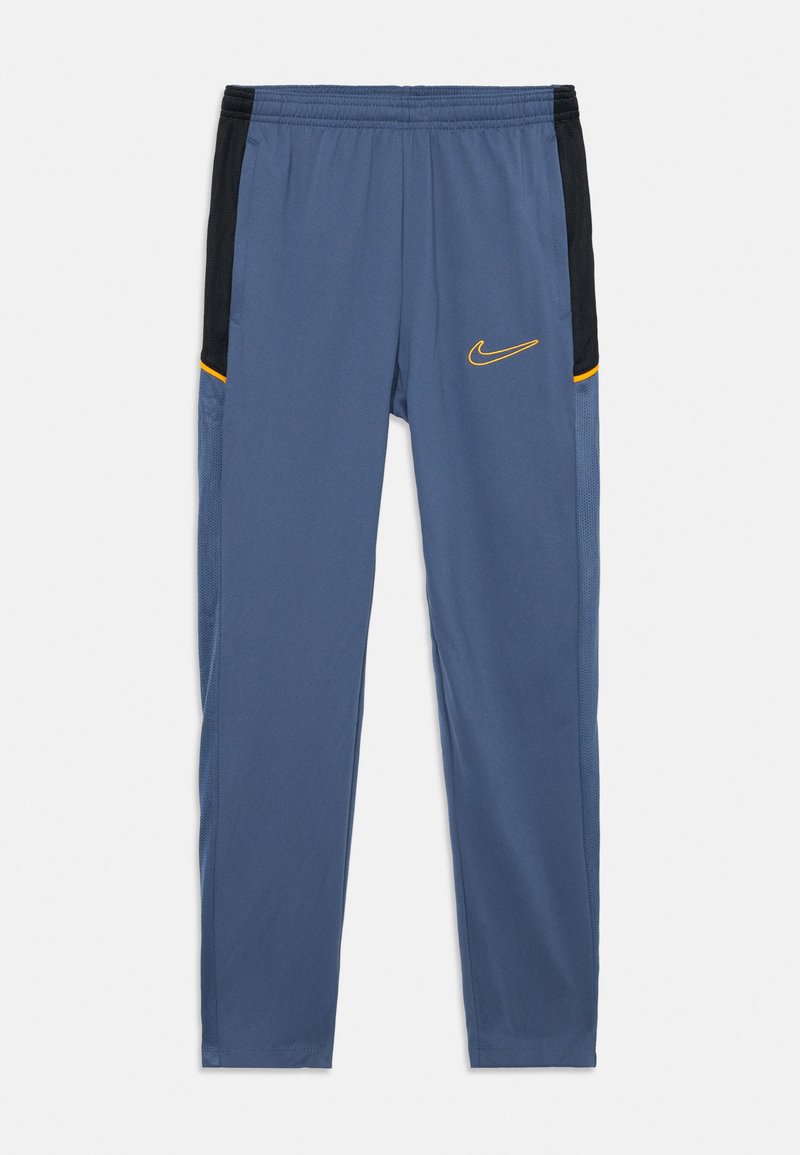 Nike Sporthosen in Blau mit schwarzen Seiteneinsätzen und gelben Akzenten. Verfügt über einen strukturierten Bund und seitliche Taschen für Bequemlichkeit.