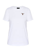 Weißes T-Shirt mit kurzen Ärmeln und rundem Ausschnitt, kleine bestickte Figur einer tauchenden Person auf der linken Brust.