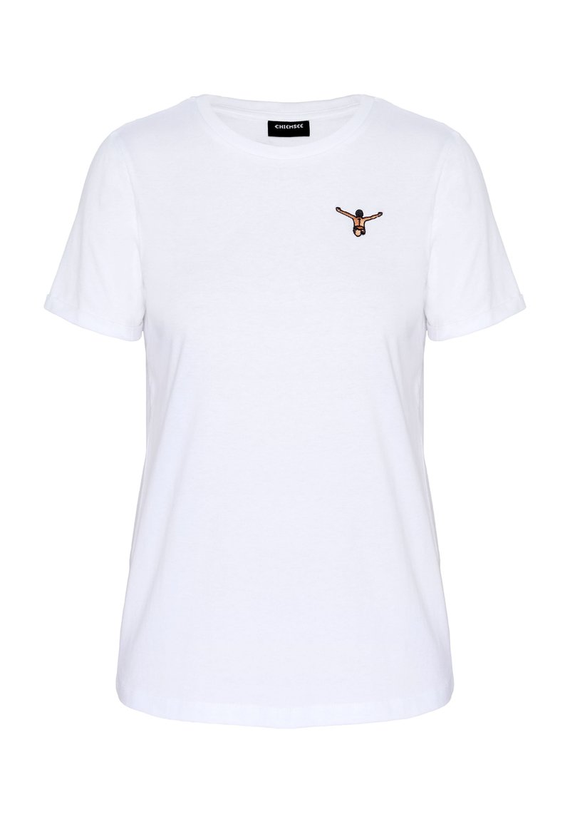 Weißes T-Shirt mit kurzen Ärmeln und rundem Ausschnitt, kleine bestickte Figur einer tauchenden Person auf der linken Brust.