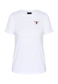 Weißes T-Shirt mit kurzen Ärmeln und rundem Ausschnitt, kleine bestickte Figur einer tauchenden Person auf der linken Brust.