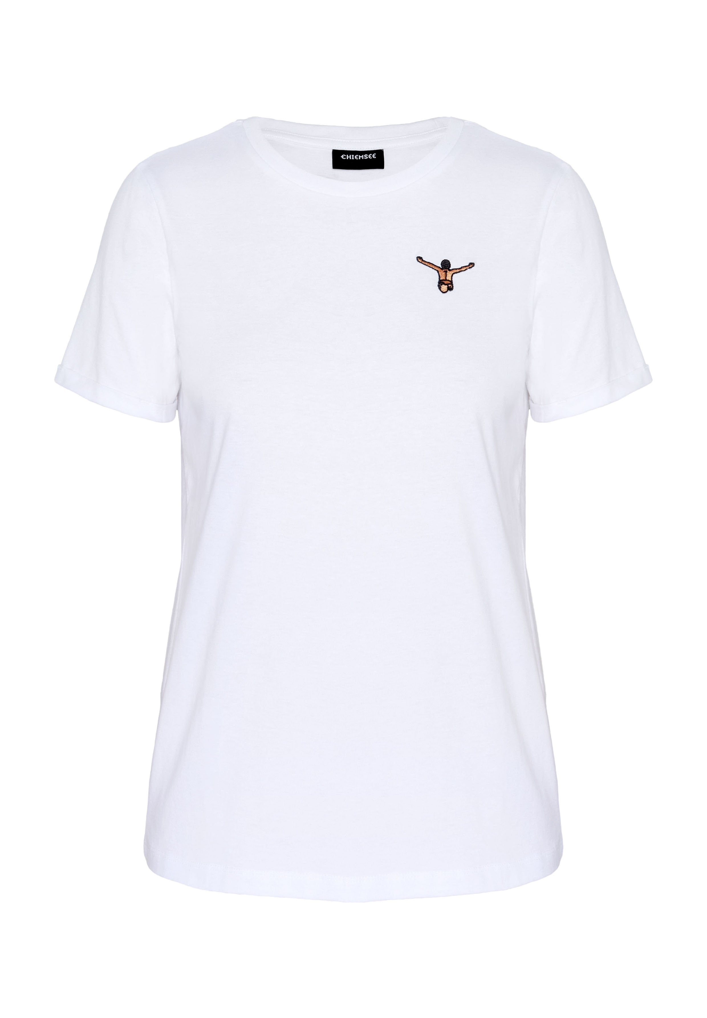 Weißes T-Shirt mit kurzen Ärmeln und rundem Ausschnitt, kleine bestickte Figur einer tauchenden Person auf der linken Brust.