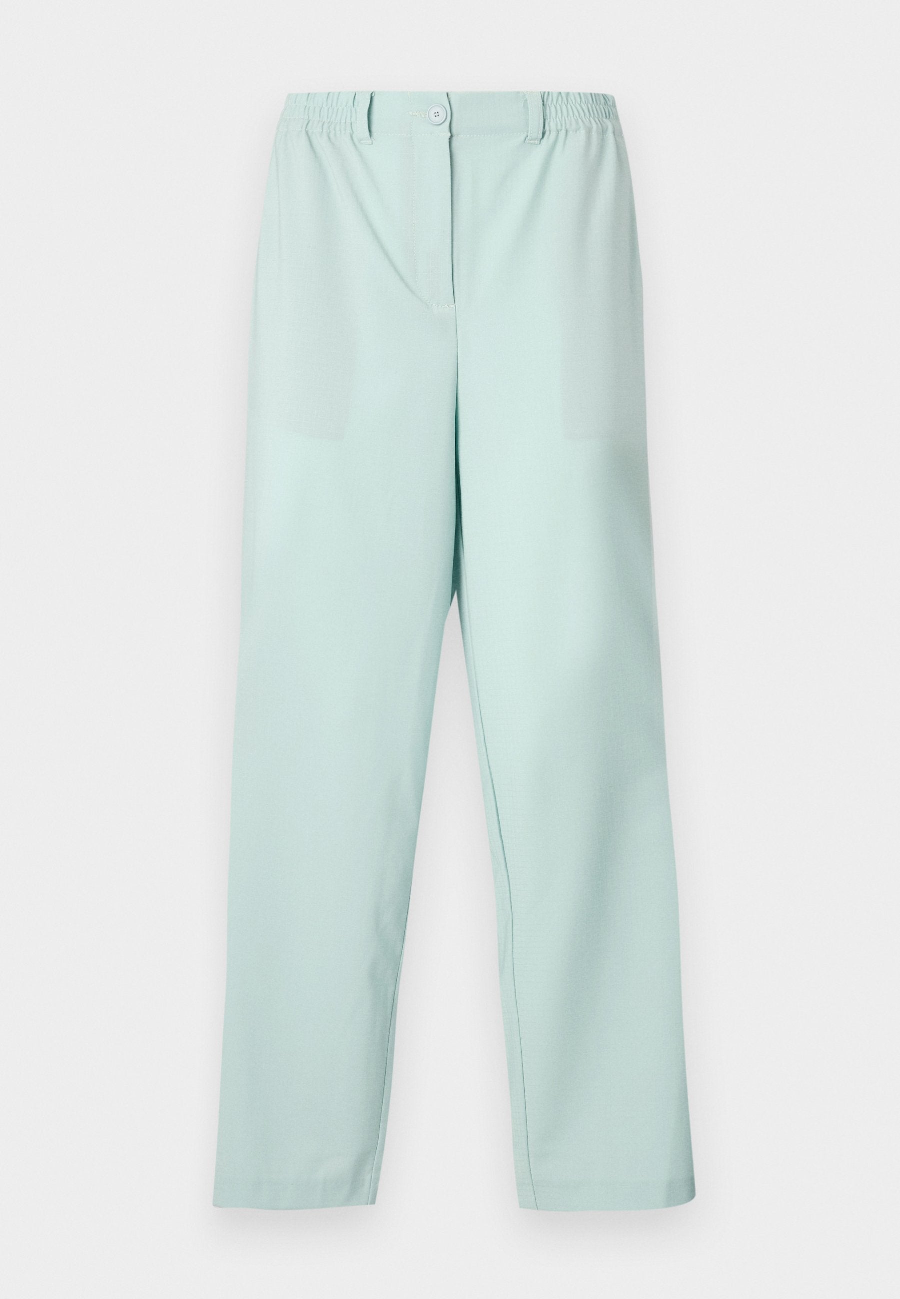 Helle mintgrüne Hosen mit einem elastischen Bund, einem Knopfverschluss vorne, zwei vorderen Taschen und geraden Beinen. Glatte Stofftextur.