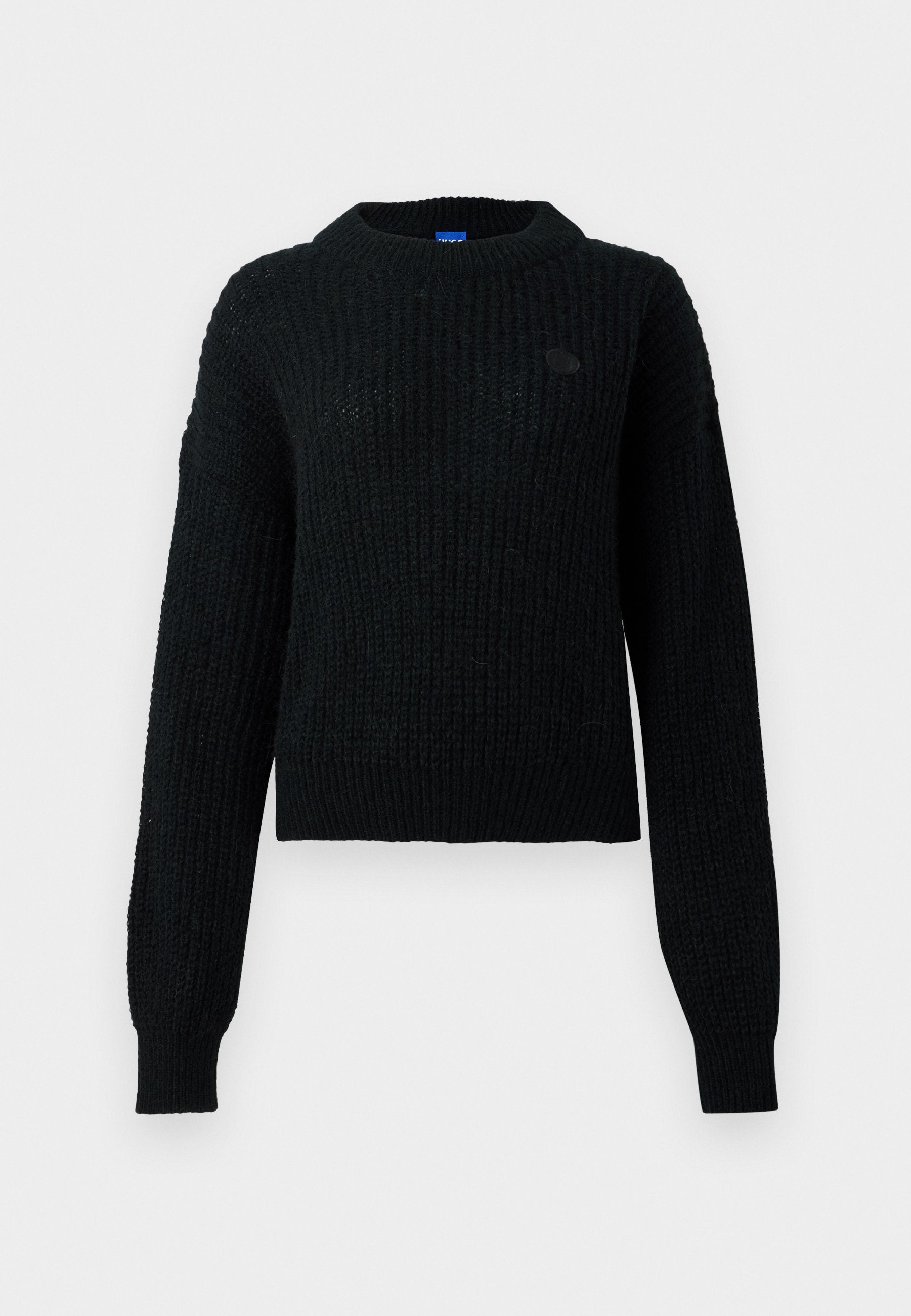 Schwarzer gestrickter Pullover mit Rundhalsausschnitt, langen Ärmeln, gerippten Bündchen und Saum. Verfügt über ein kleines rundes Logo auf der Brust. Strukturierter Stoff.