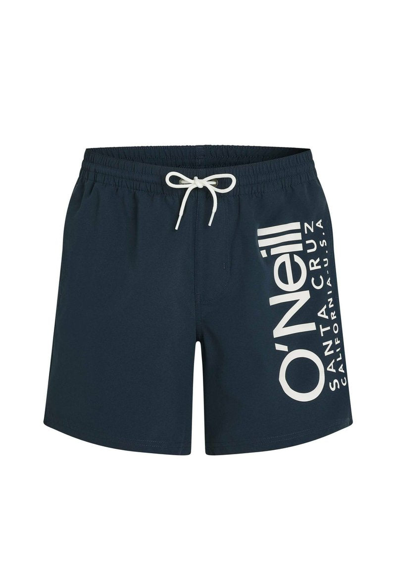 Marineblaue Badeshorts mit weißem Kordelzug und großem weißem O'Neill Santa Cruz California U.S.A. Logo am rechten Bein.