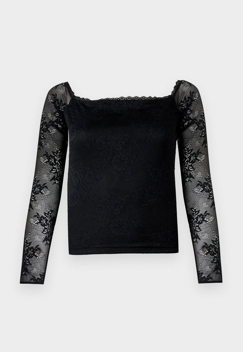 Schwarzes Oberteil mit langen Spitzenärmel, strukturiertem floralen Muster, quadratischem Ausschnitt und gewellten Kanten. Der Körper hat eine glatte, matte Oberfläche.