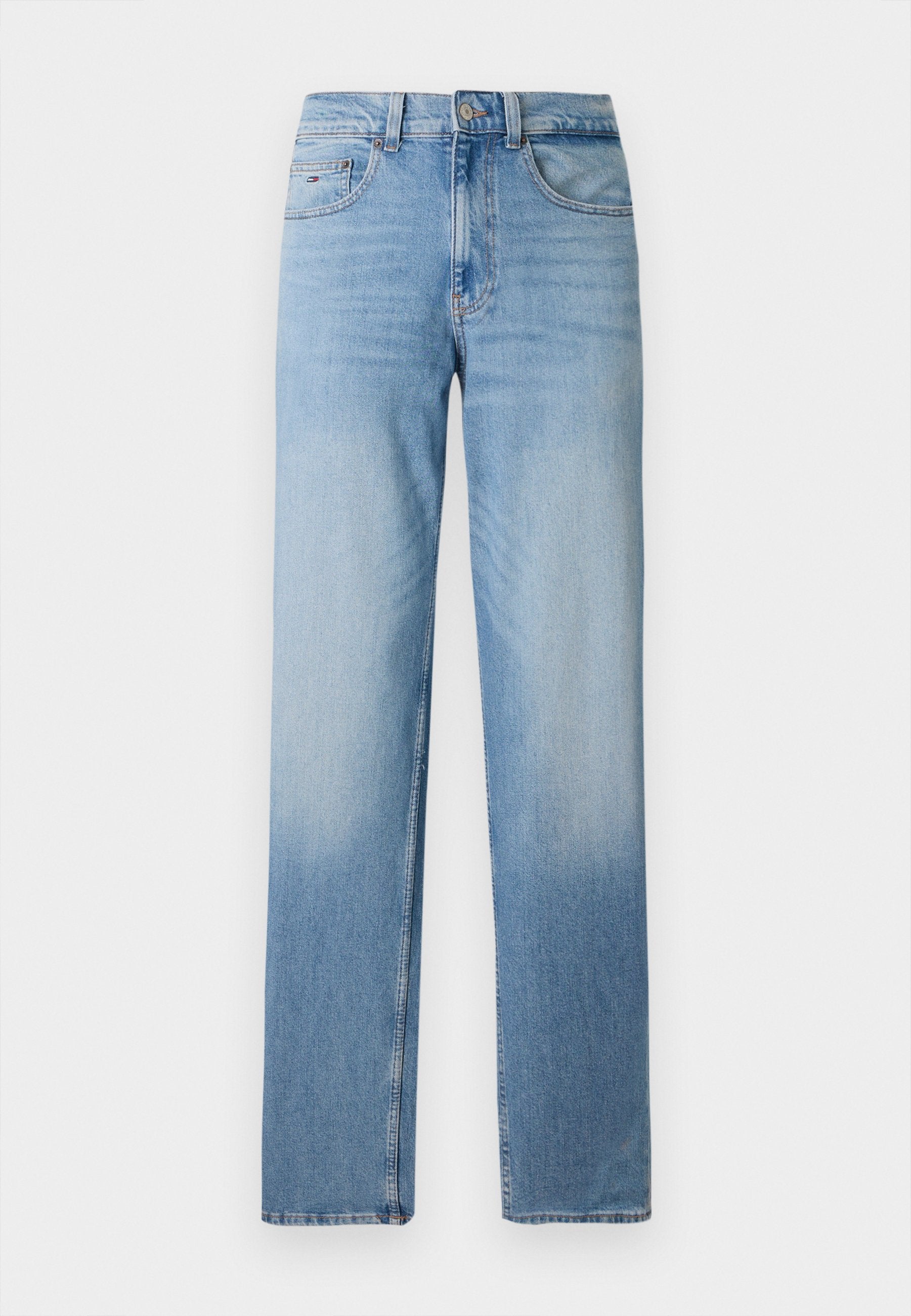 Hellblaue Jeans aus Denim mit geradem Schnitt, fünf Taschen, Knopfverschluss und leichter Ausbleichung an den Oberschenkeln für einen getragenen Look.