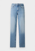 Hellblaue Jeans aus Denim mit geradem Schnitt, fünf Taschen, Knopfverschluss und leichter Ausbleichung an den Oberschenkeln für einen getragenen Look.
