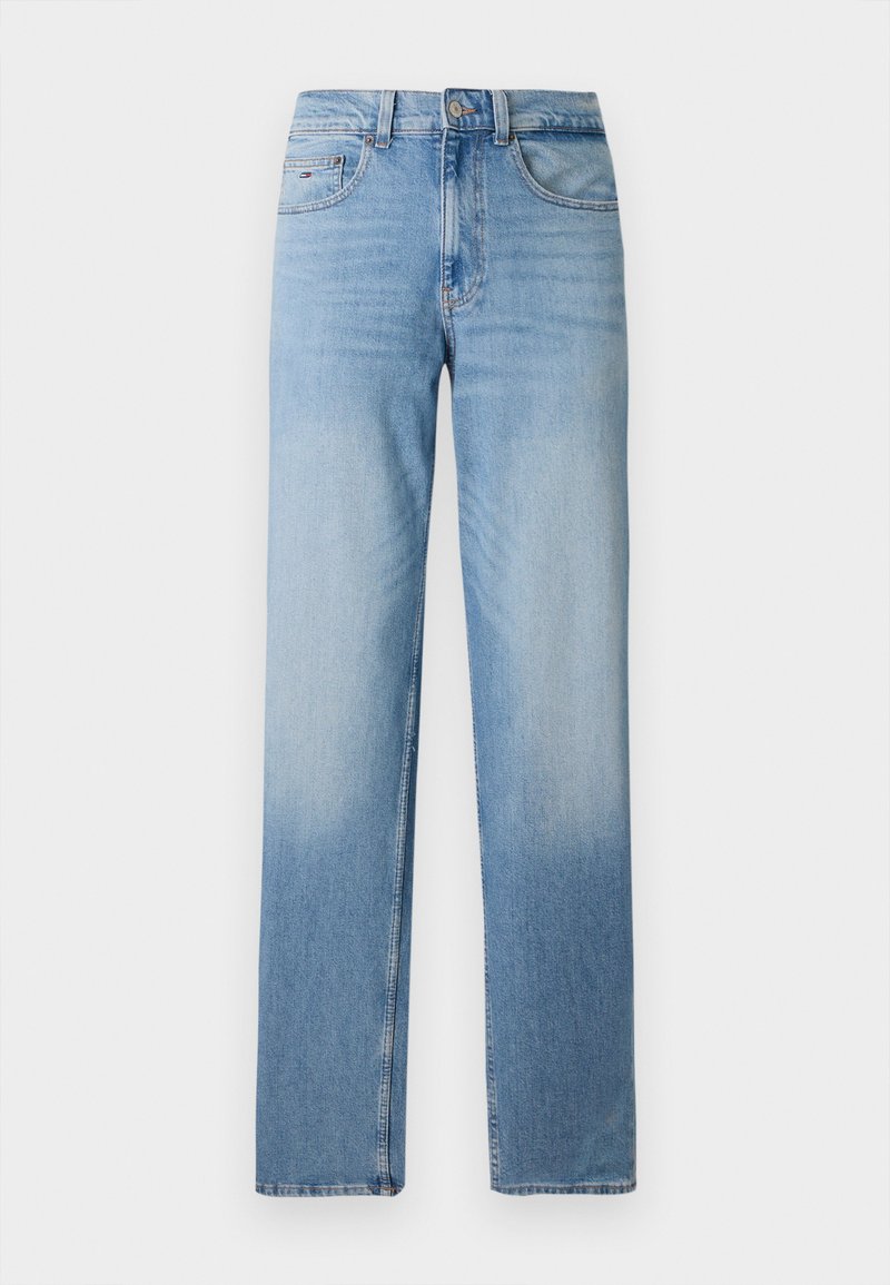 Hellblaue Jeans aus Denim mit geradem Schnitt, fünf Taschen, Knopfverschluss und leichter Ausbleichung an den Oberschenkeln für einen getragenen Look.