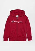 Roter Kapuzenpullover mit Reißverschluss aus weichem Baumwollmischgewebe. Verfügt über ein vorderseitiges "Champion"-Logo, eine Kapuze und zwei Taschen. Gerippte Bündchen und Saum.