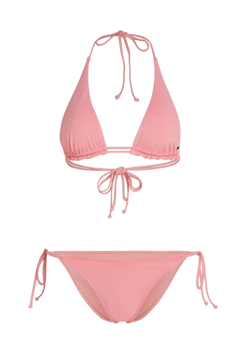 Rosa Bikini-Set mit einem Triangel-Oberteil mit verstellbaren Bändern und passendem Unterteil mit seitlichen Bindebändern, aus glattem, dehnbarem Stoff hergestellt.
