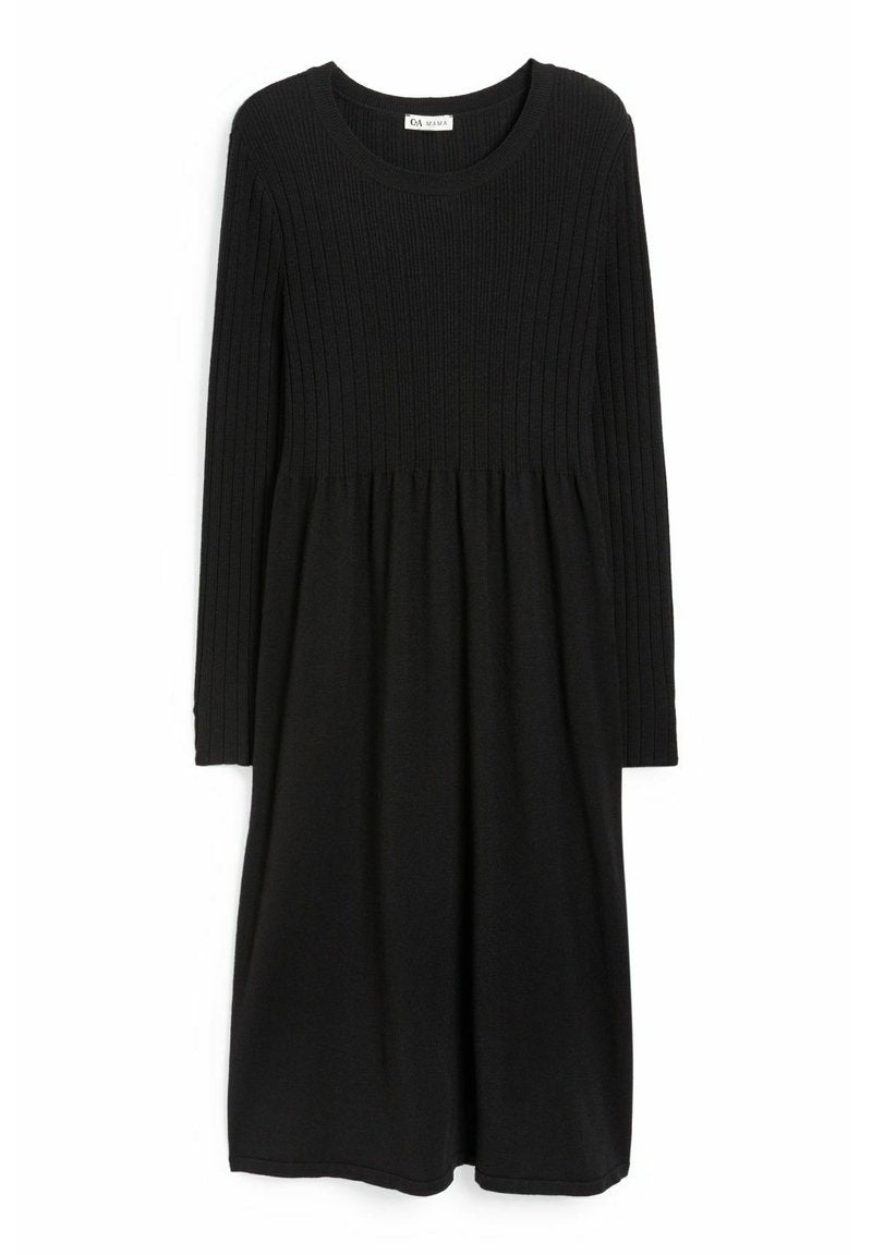 Schwarzes langärmliges Kleid mit ribbeligem Oberteil und ausgestelltem Rock. Verfügt über einen runden Halsausschnitt und eine glatte Stofftextur.